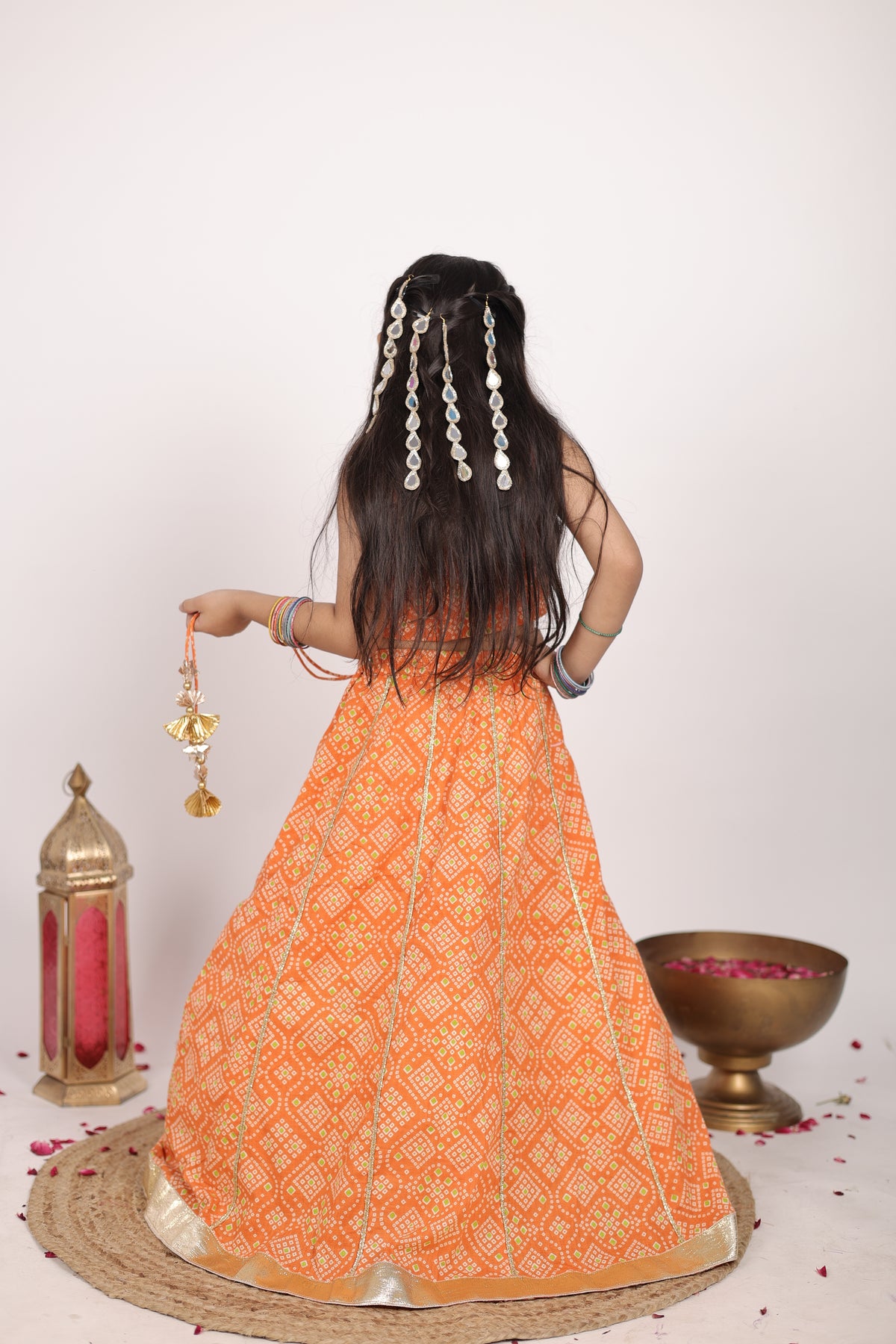 House Of Gota Girls Orange Bandhani Lehenga Set