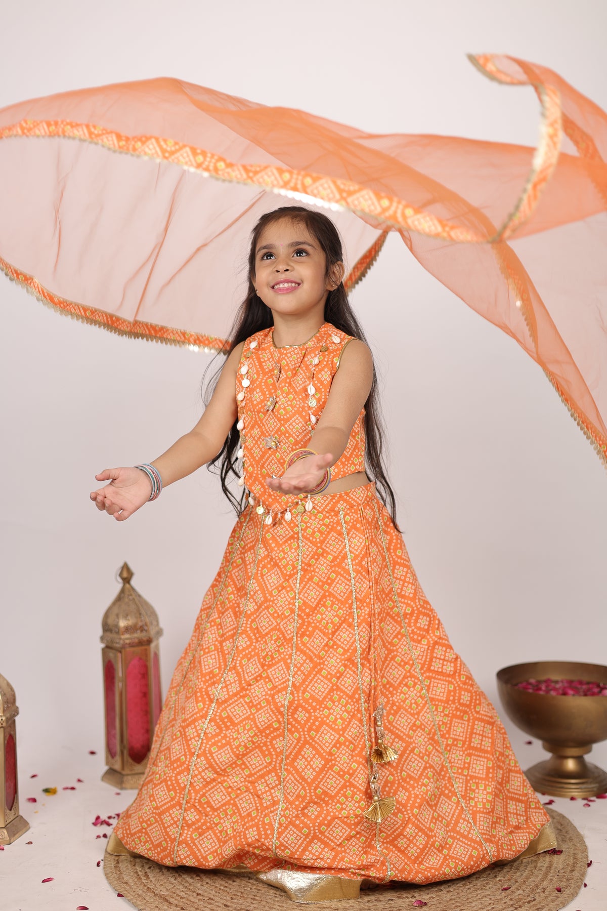 House Of Gota Girls Orange Bandhani Lehenga Set
