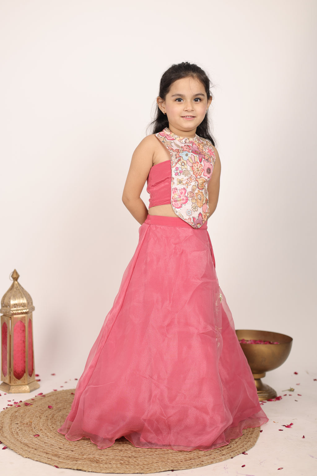 House Of Gota Girls Pink Floral Lehenga Choli Set