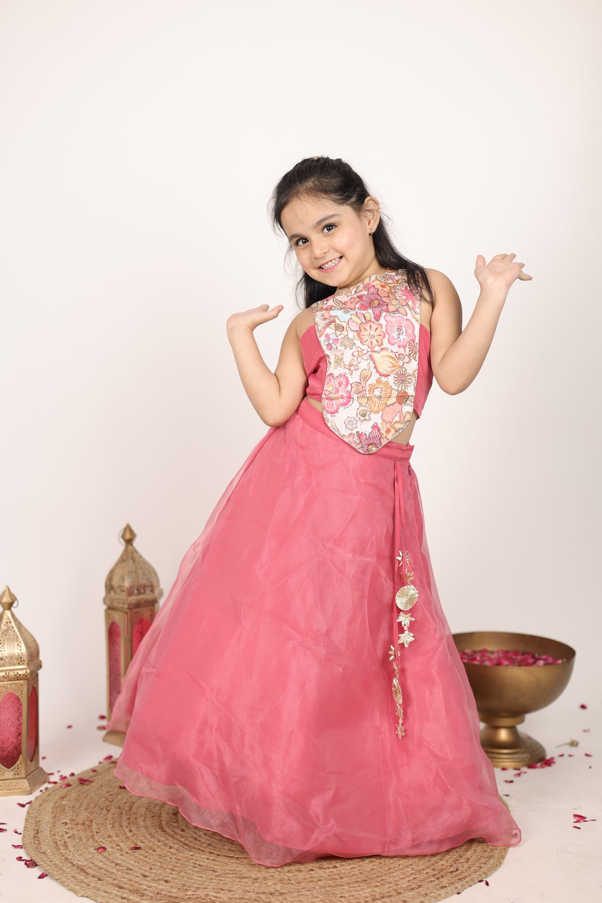 House Of Gota Girls Pink Floral Lehenga Choli Set