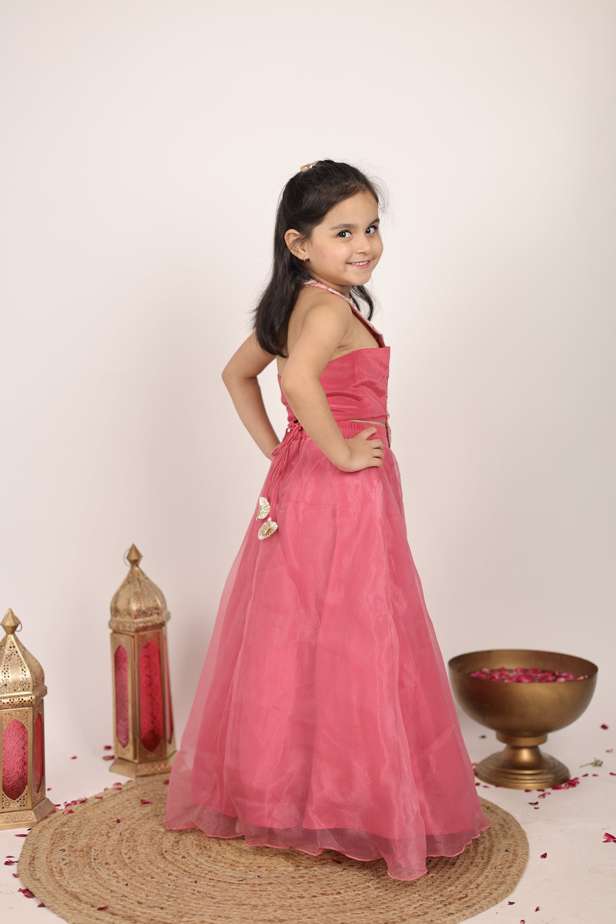 House Of Gota Girls Pink Floral Lehenga Choli Set