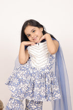 House Of Gota Girls Blue & White Floral Printed Sharara Set with Dupatta