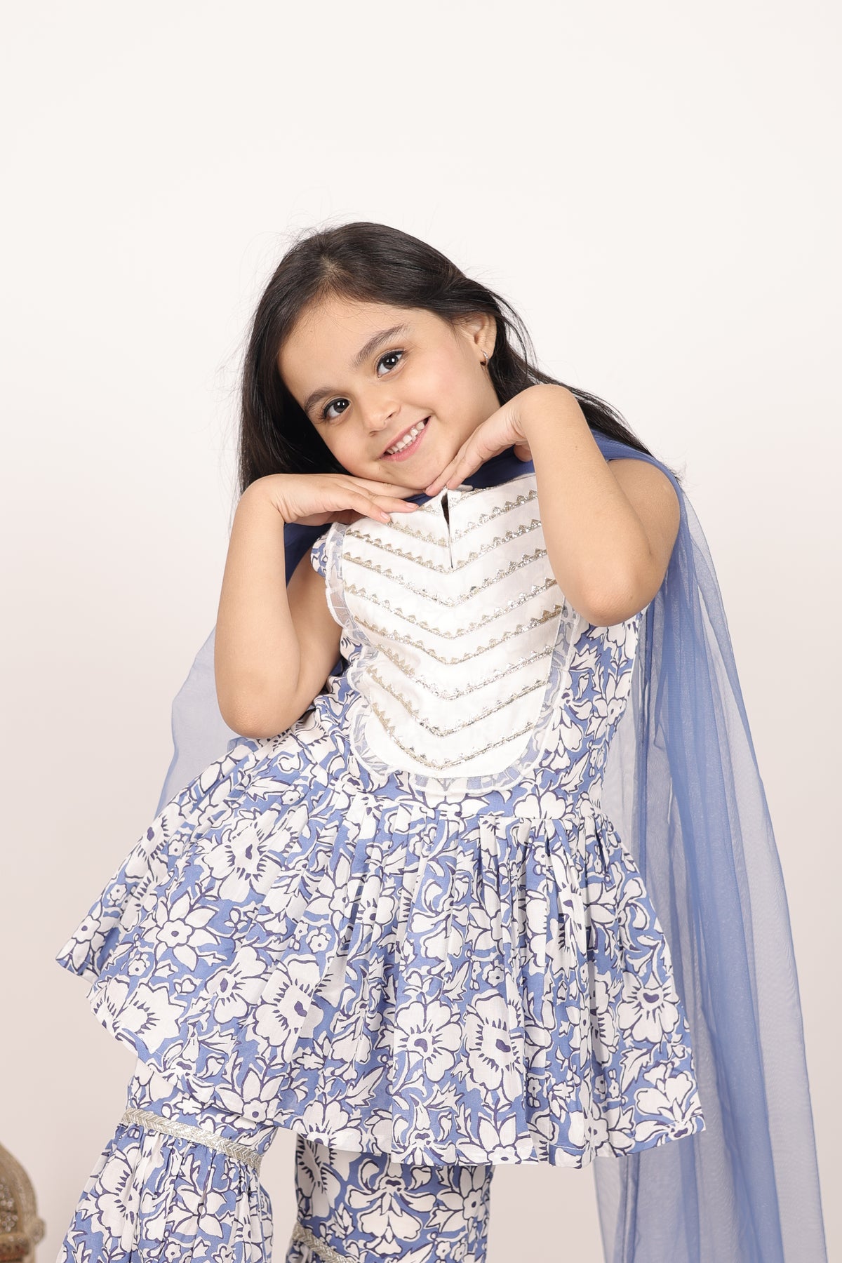 House Of Gota Girls Blue & White Floral Printed Sharara Set with Dupatta