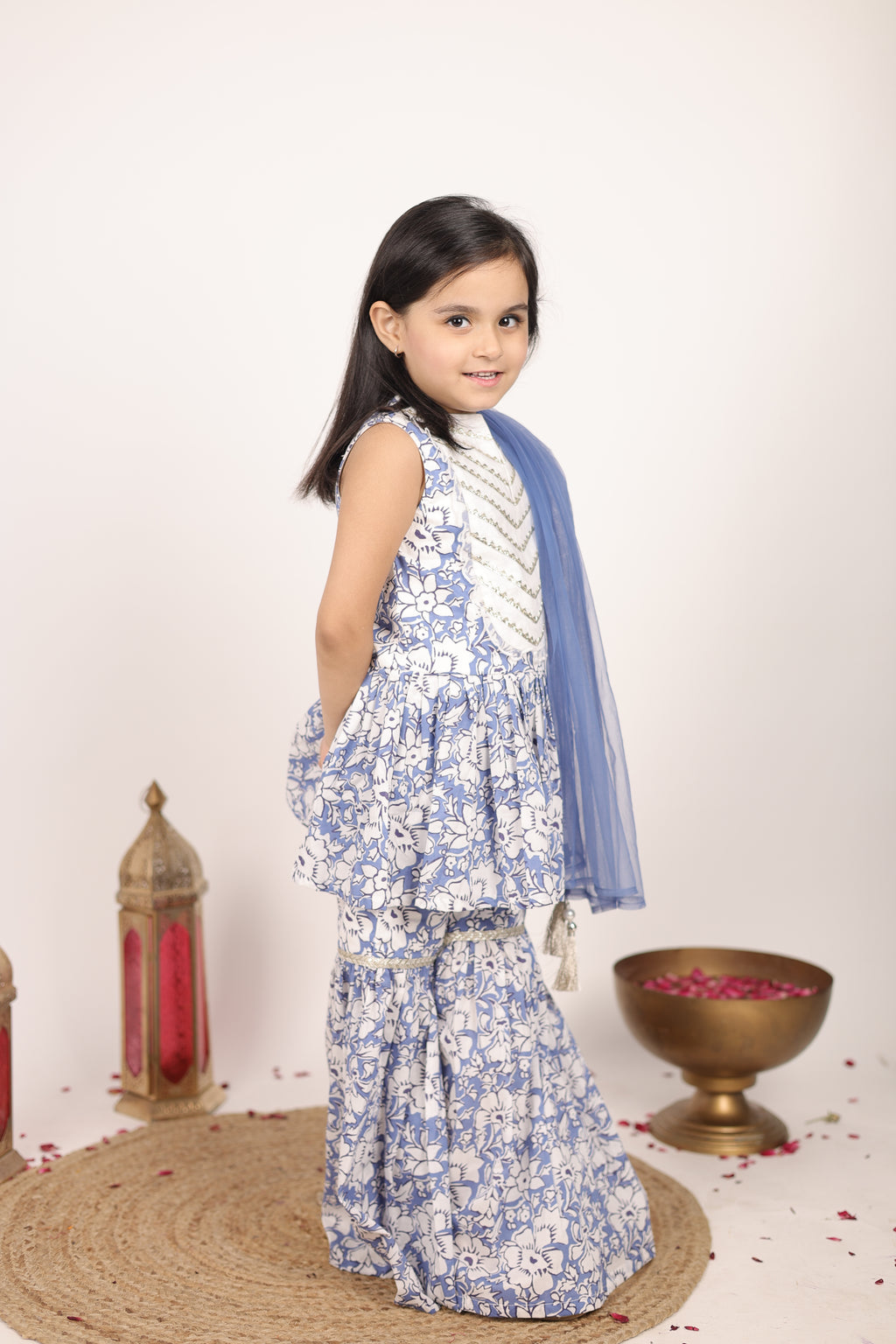 House Of Gota Girls Blue & White Floral Printed Sharara Set with Dupatta