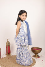 House Of Gota Girls Blue & White Floral Printed Sharara Set with Dupatta