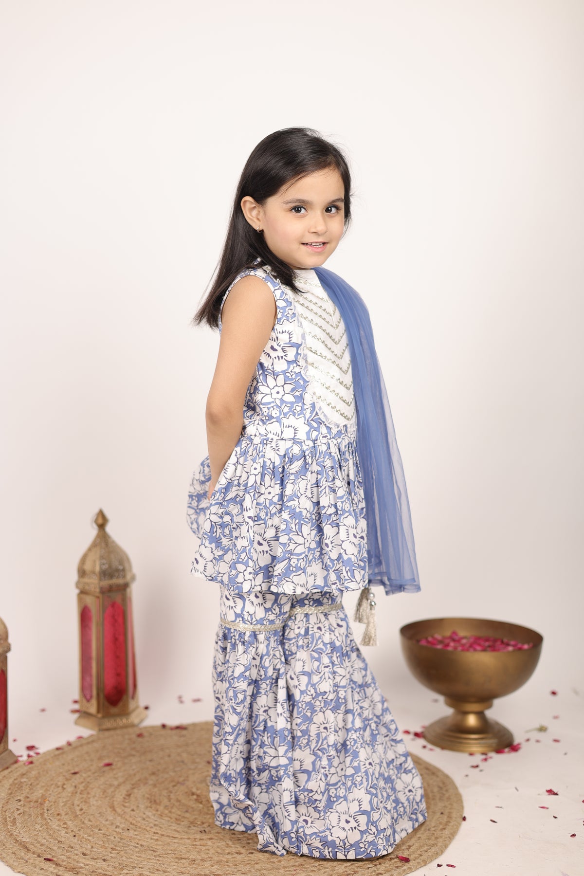 House Of Gota Girls Blue & White Floral Printed Sharara Set with Dupatta