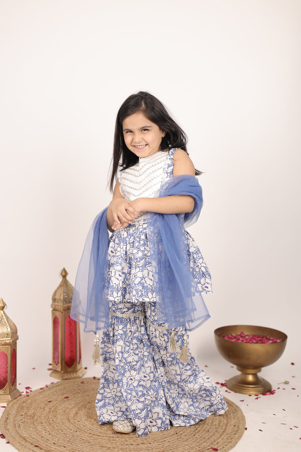 House Of Gota Girls Blue & White Floral Printed Sharara Set with Dupatta