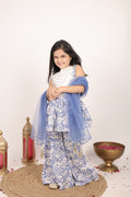 House Of Gota Girls Blue & White Floral Printed Sharara Set with Dupatta