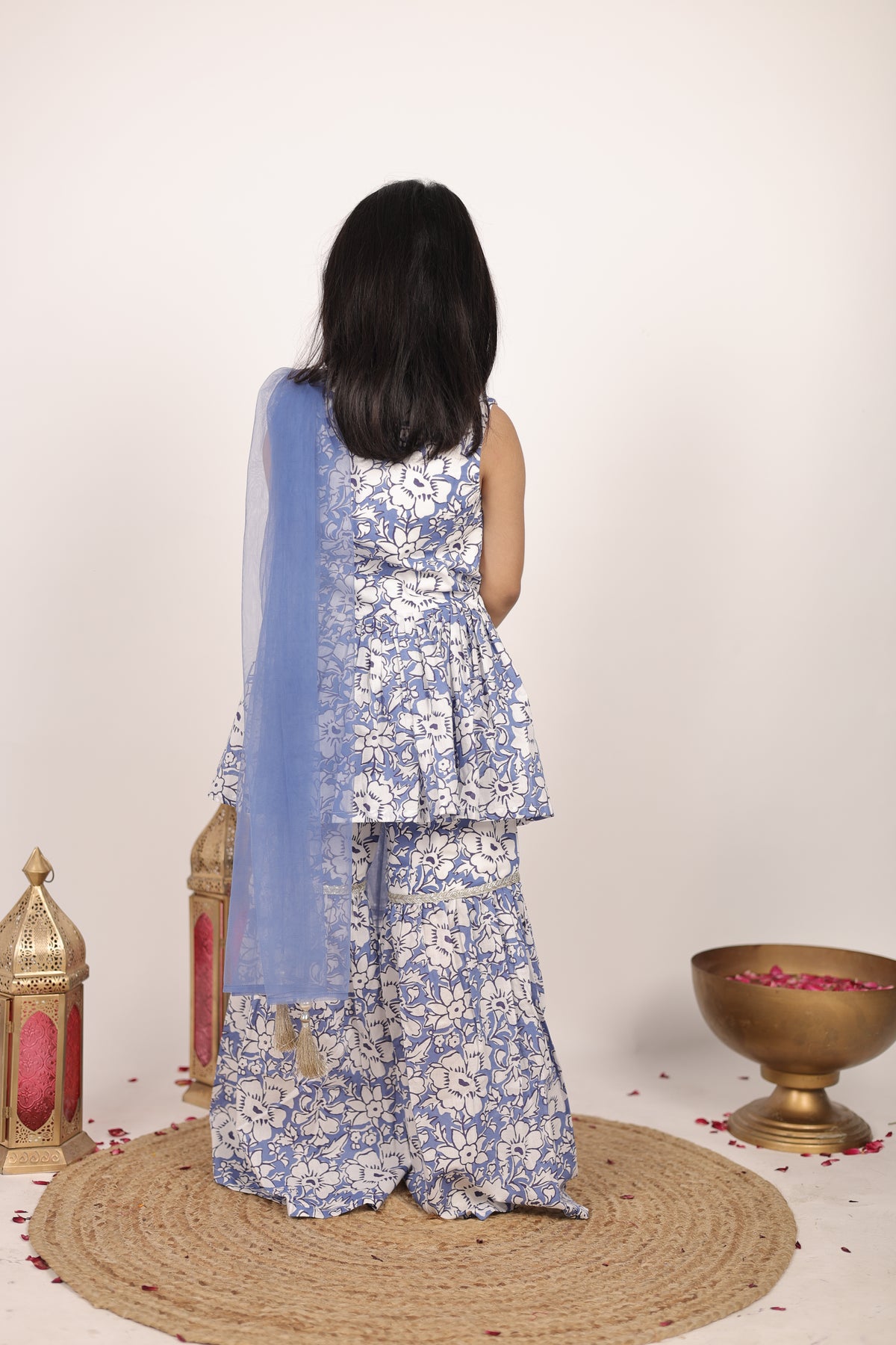 House Of Gota Girls Blue & White Floral Printed Sharara Set with Dupatta