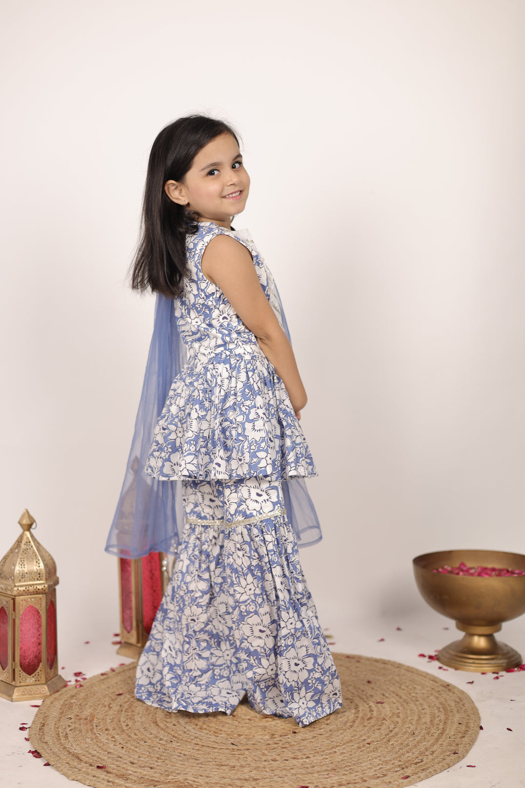 House Of Gota Girls Blue & White Floral Printed Sharara Set with Dupatta