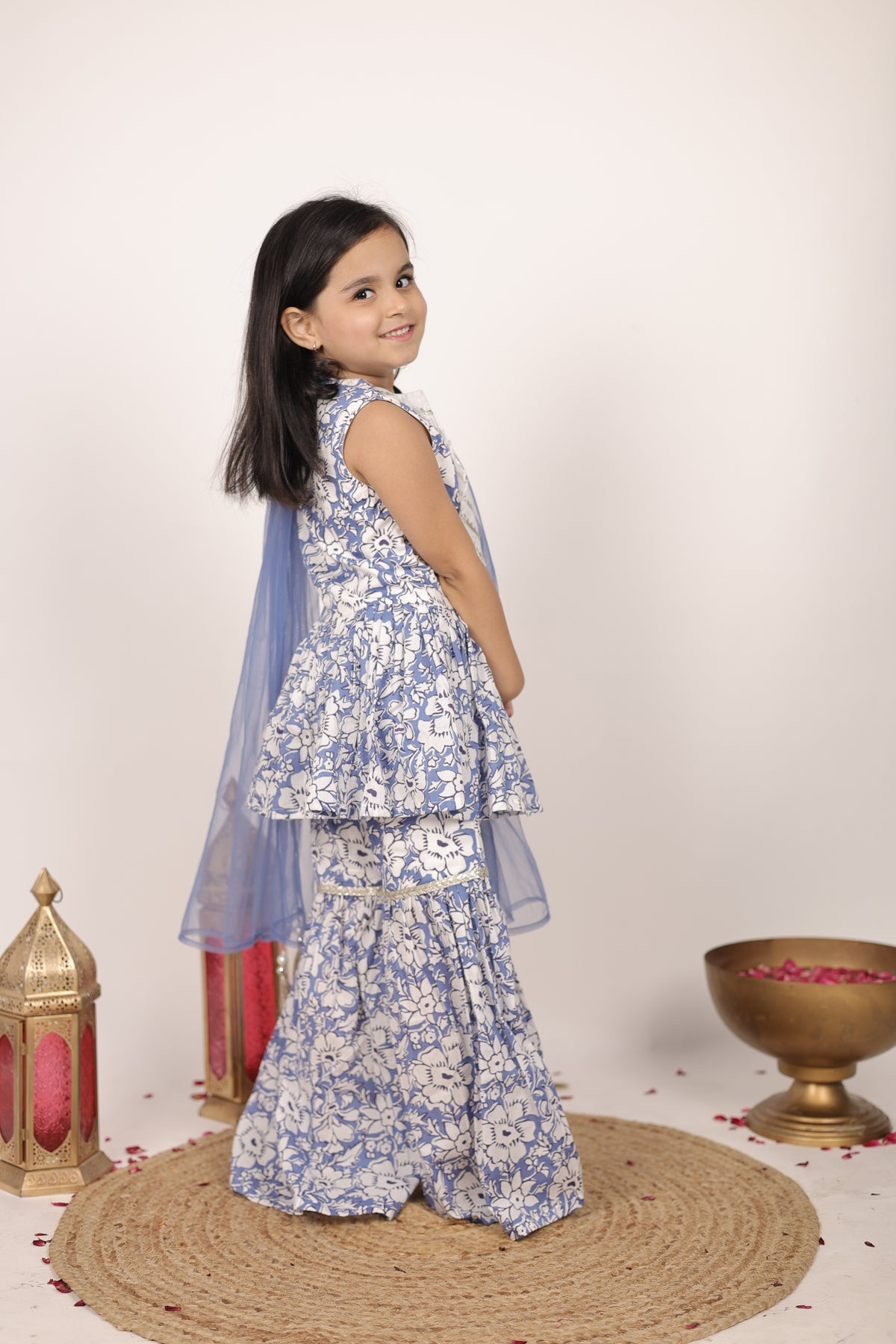 House Of Gota Girls Blue & White Floral Printed Sharara Set with Dupatta