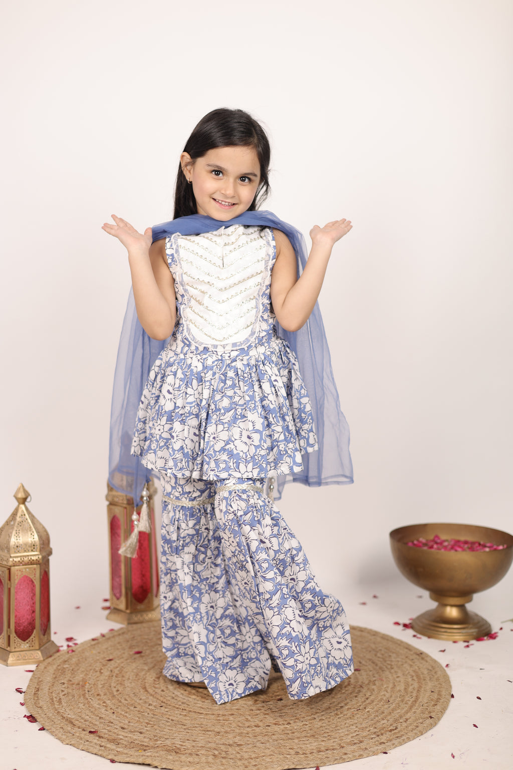 House Of Gota Girls Blue & White Floral Printed Sharara Set with Dupatta