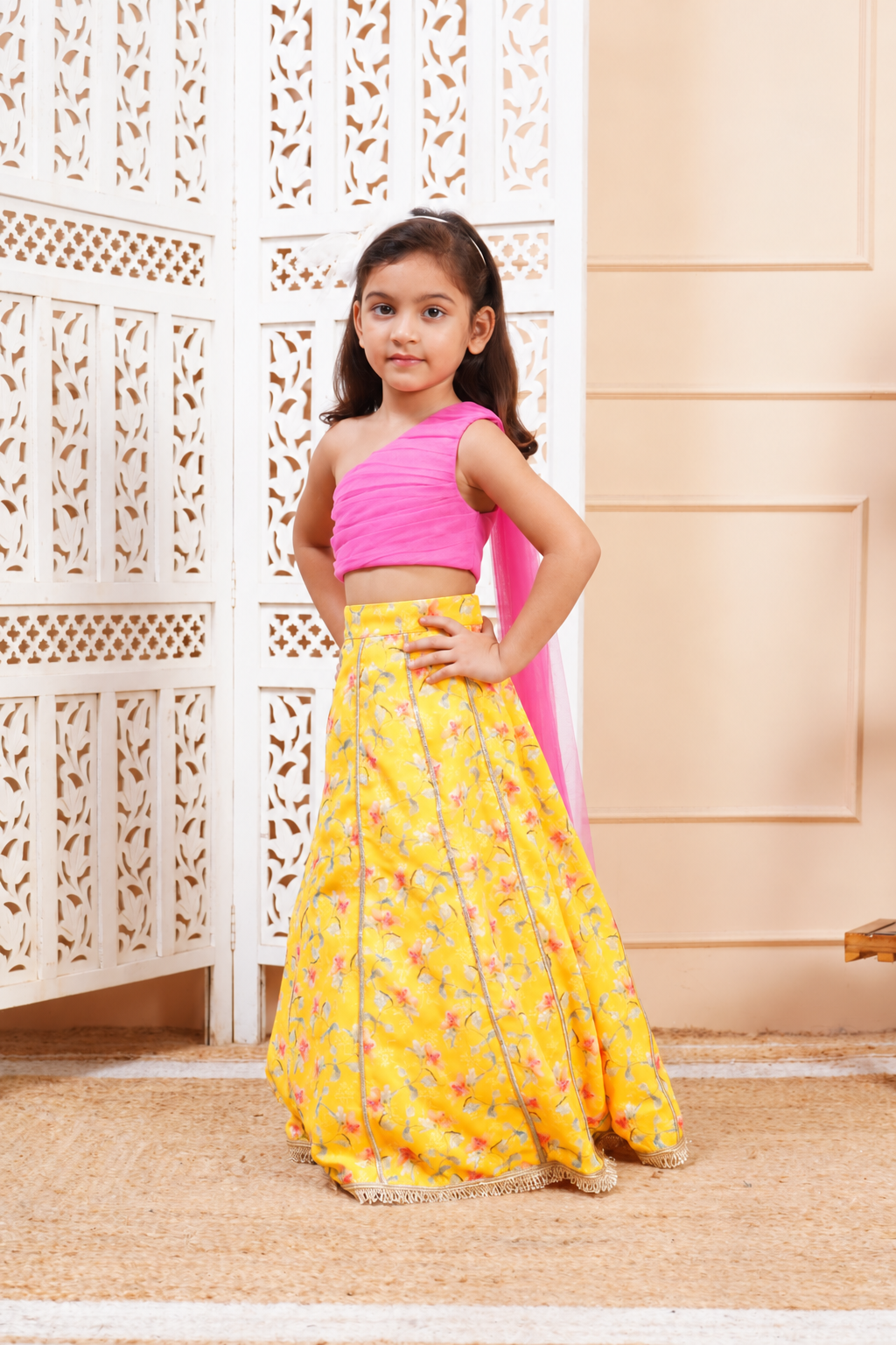 House Of Gota Girls Pink & Yellow Floral Lehenga Choli Set