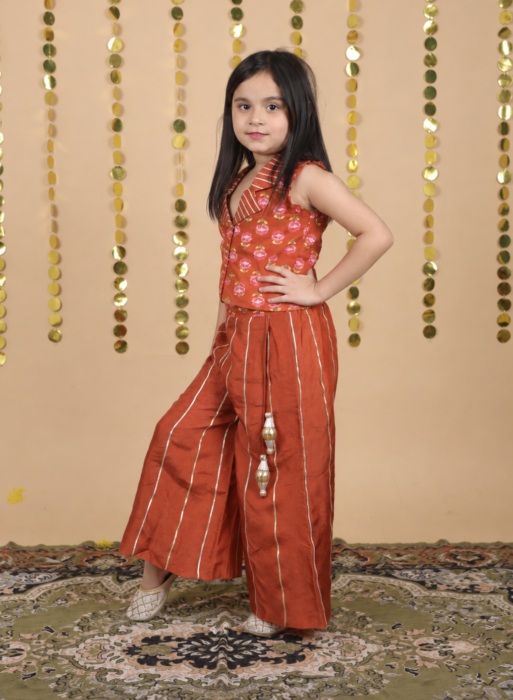 House Of Gota Girls Floral Printed Sleeveless Top with Solid Rust Palazzo Co-ord Set