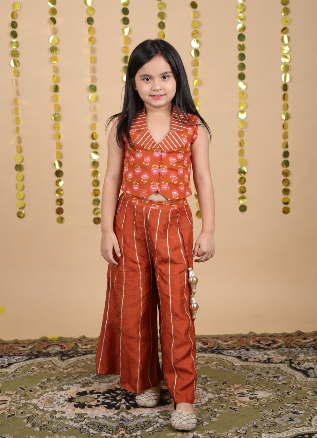 House Of Gota Girls Floral Printed Sleeveless Top with Solid Rust Palazzo Co-ord Set