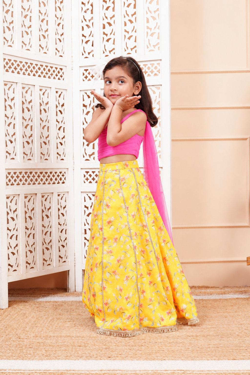 House Of Gota Girls Pink & Yellow Floral Lehenga Choli Set