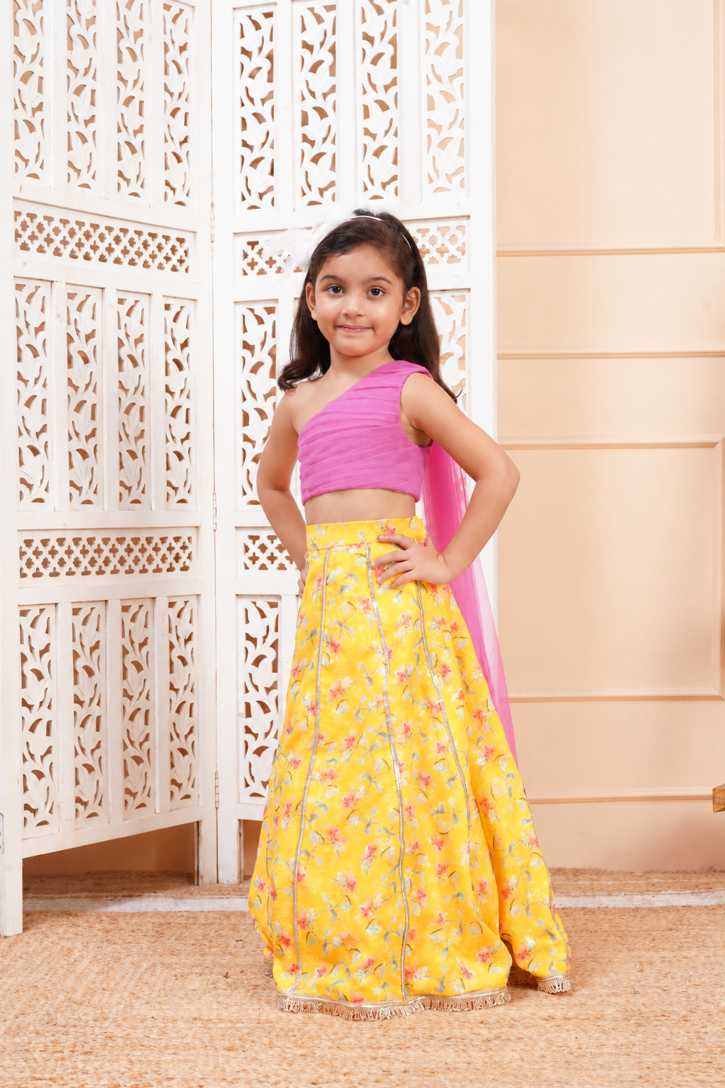 House Of Gota Girls Pink & Yellow Floral Lehenga Choli Set
