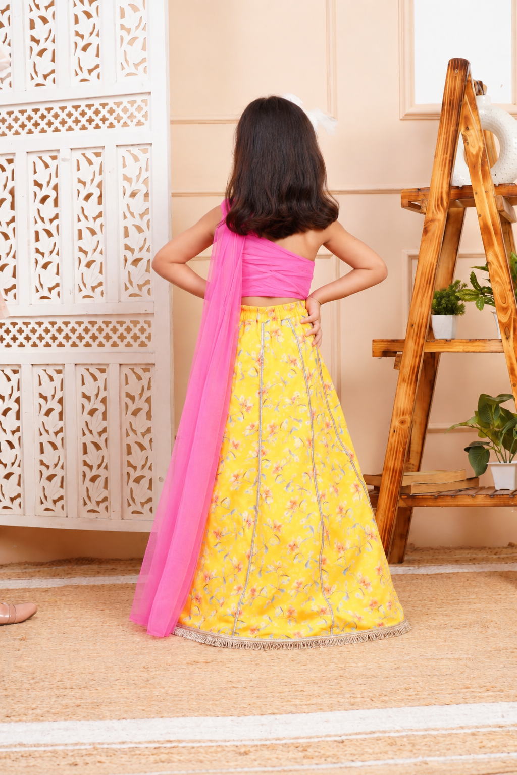 House Of Gota Girls Pink & Yellow Floral Lehenga Choli Set