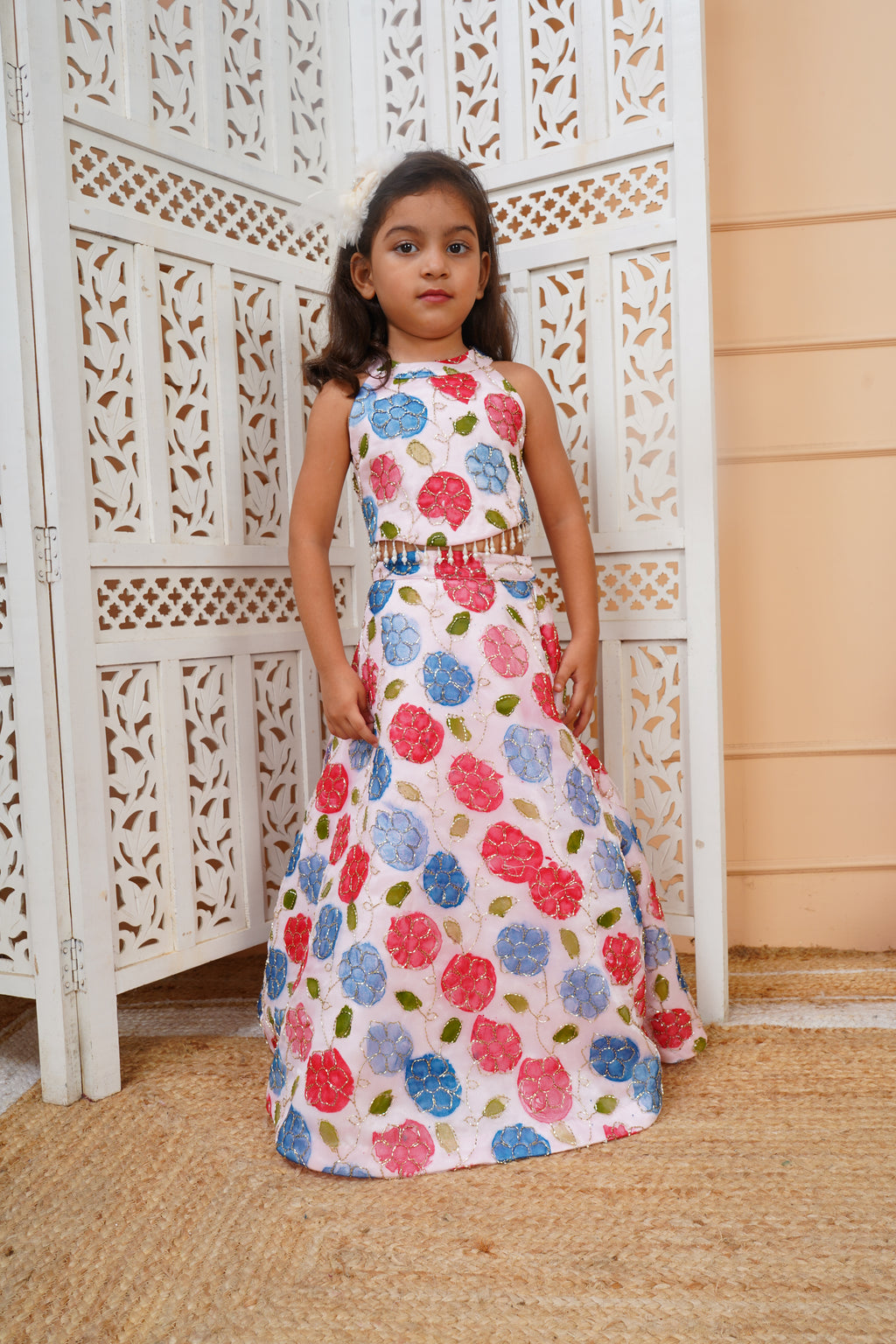 House Of Gota Girls White Floral Embroidered Lehenga Choli Set