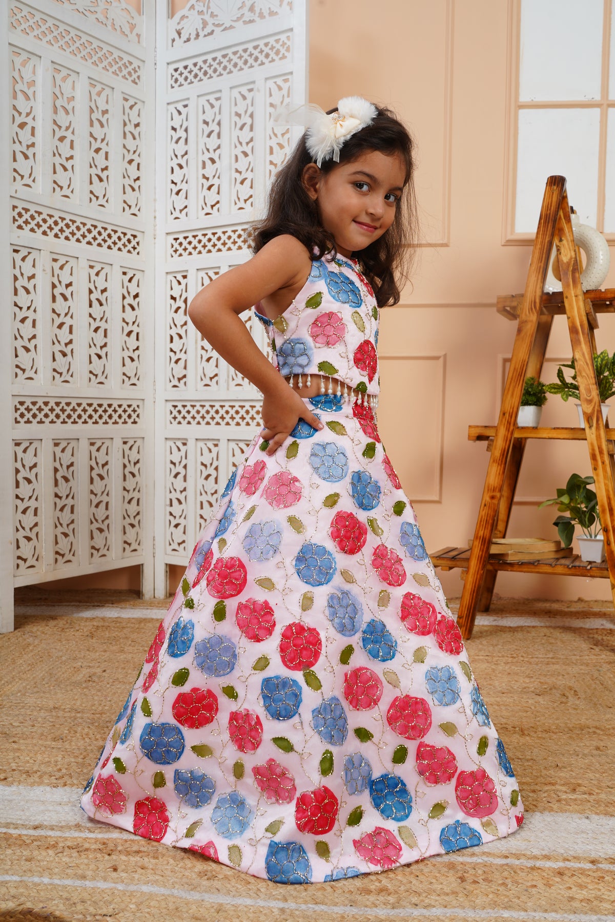 House Of Gota Girls White Floral Embroidered Lehenga Choli Set