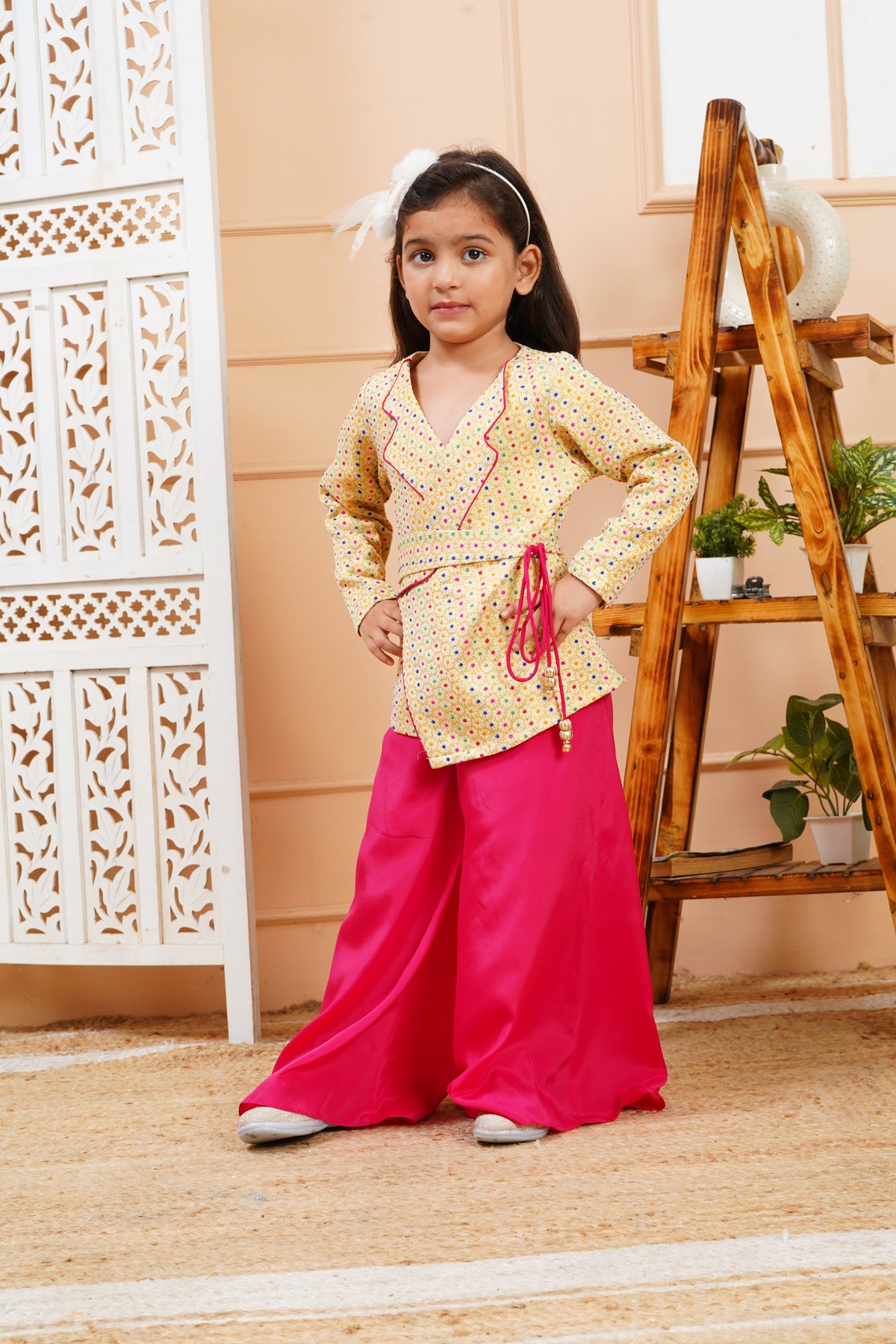 House Of Gota Girls Multicolour Brocade Jacket with Pink Palazzo Set