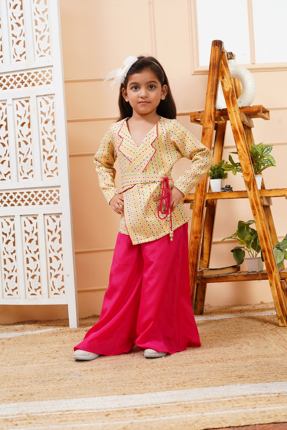 House Of Gota Girls Multicolour Brocade Jacket with Pink Palazzo Set