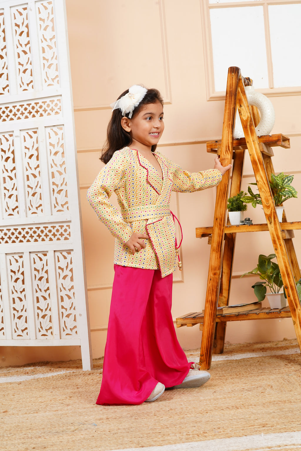 House Of Gota Girls Multicolour Brocade Jacket with Pink Palazzo Set