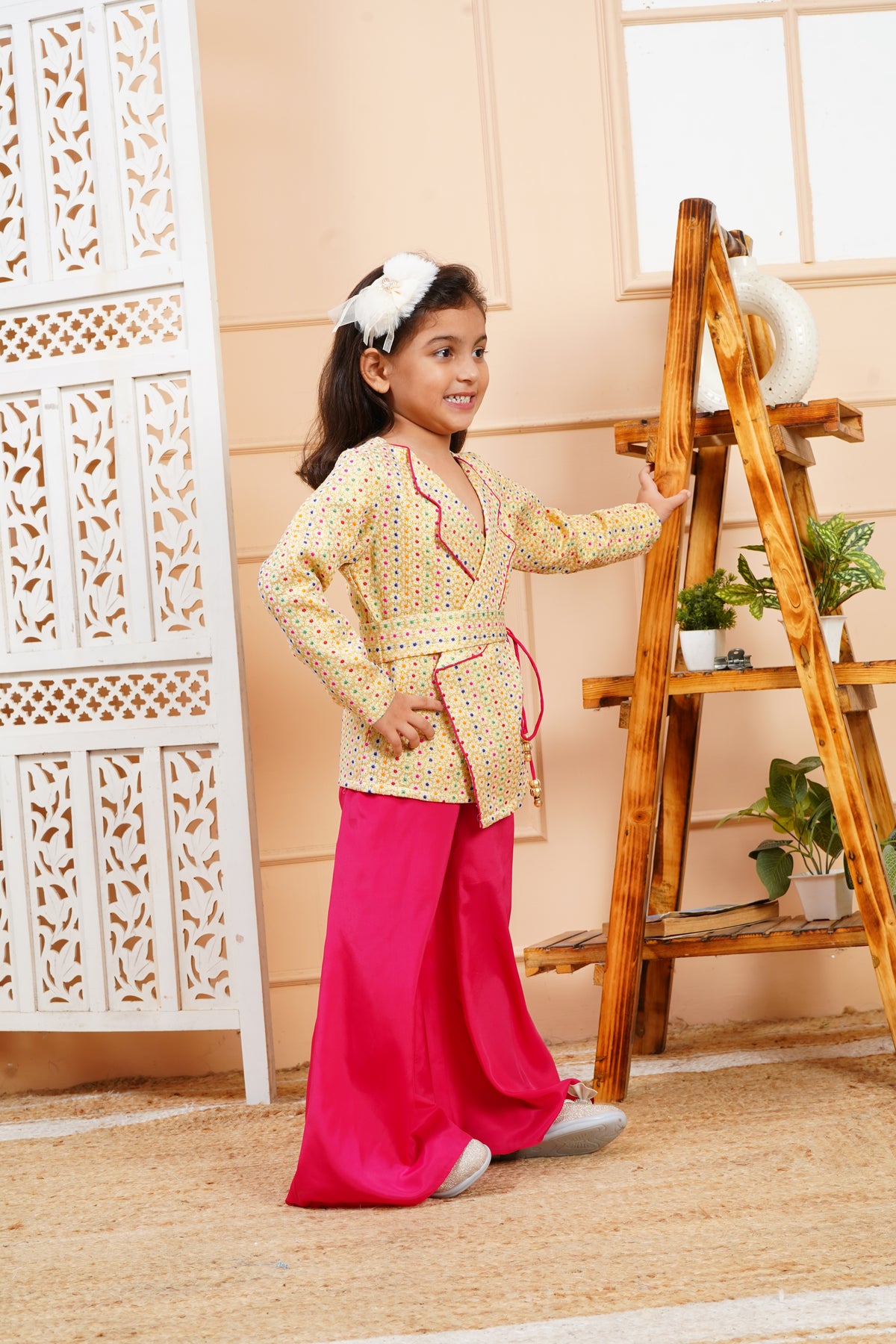 House Of Gota Girls Multicolour Brocade Jacket with Pink Palazzo Set