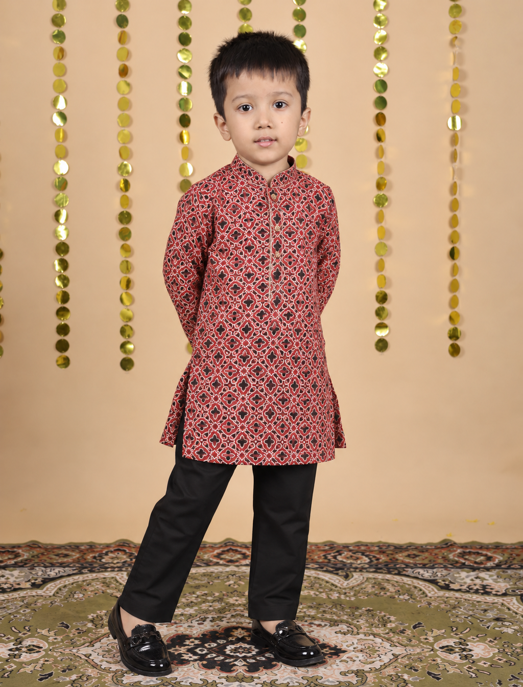 House Of Gota Boys Red Geometric Printed Kurta Set with White Pajama