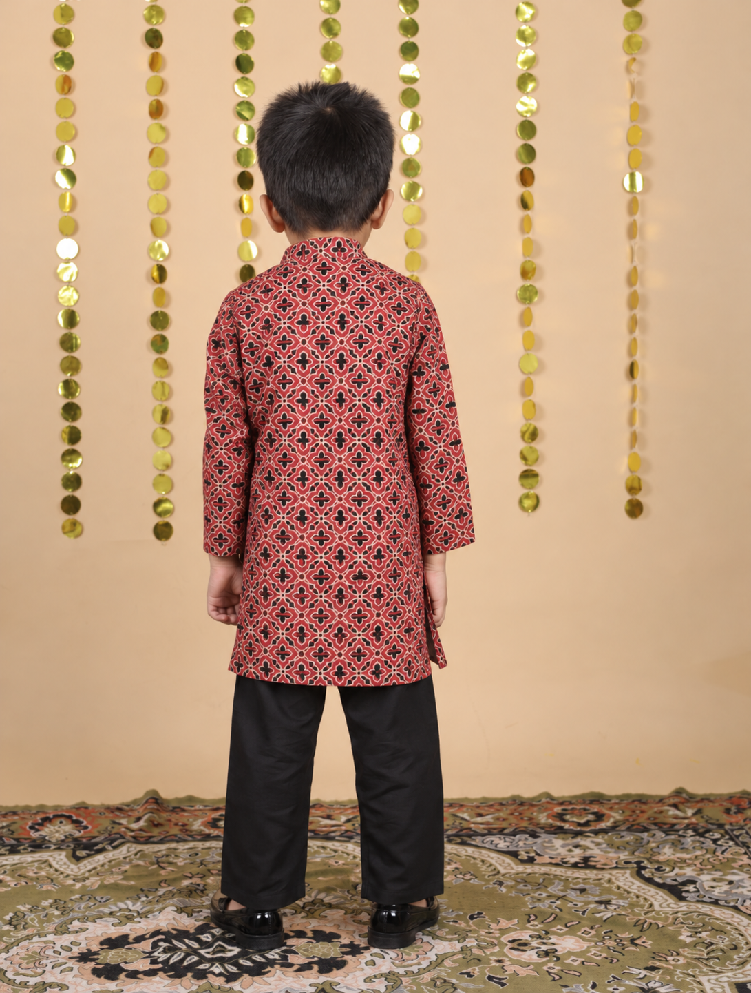 House Of Gota Boys Red Geometric Printed Kurta Set with White Pajama