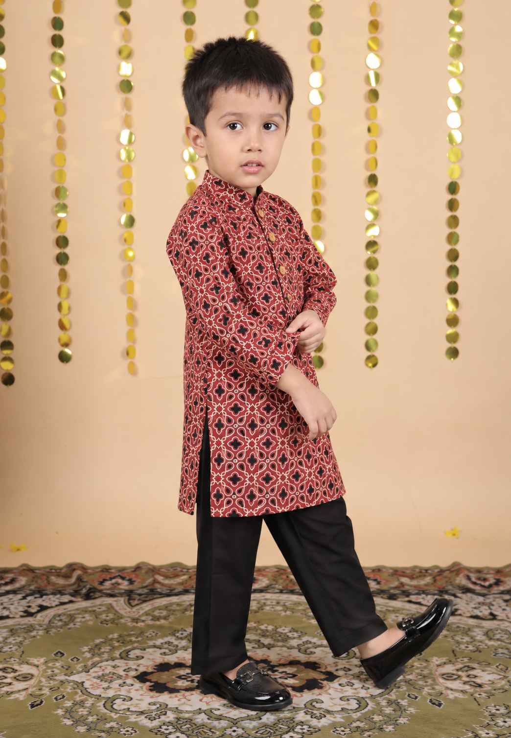 House Of Gota Boys Red Geometric Printed Kurta Set with White Pajama