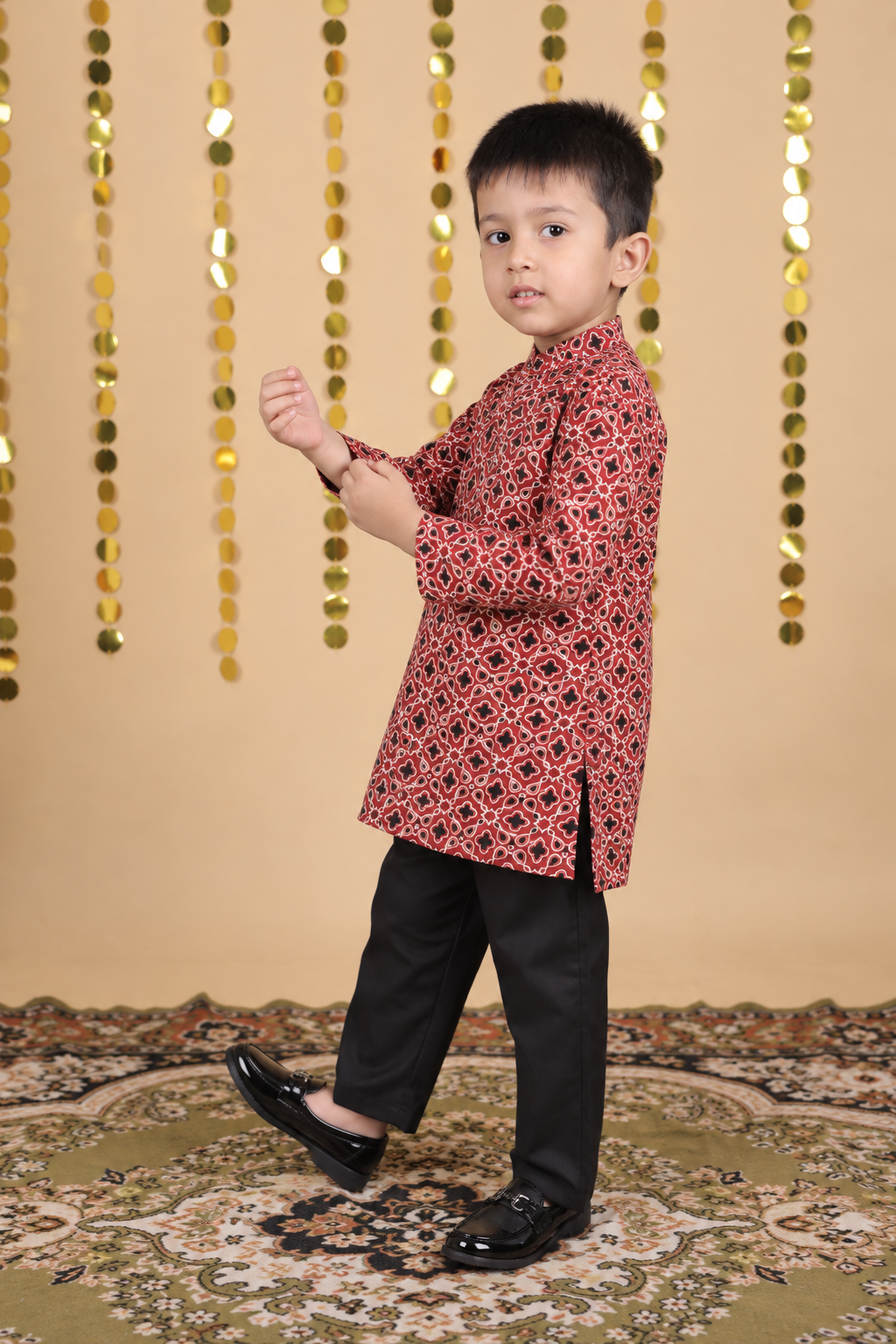 House Of Gota Boys Red Geometric Printed Kurta Set with White Pajama