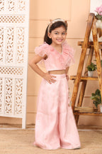 House Of Gota Girls Light Pink Ruffle Crop Top & Wide-Leg Palazzo Co-Ord Set