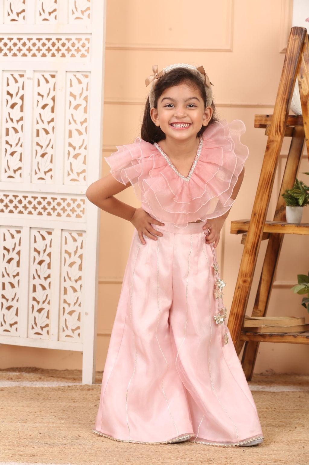 House Of Gota Girls Light Pink Ruffle Crop Top & Wide-Leg Palazzo Co-Ord Set