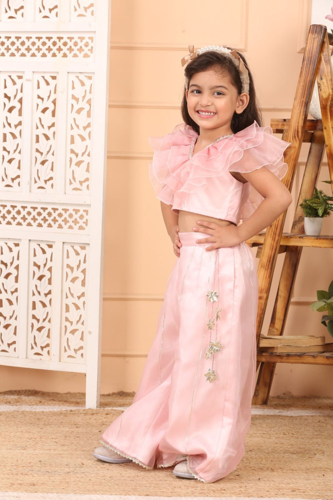 House Of Gota Girls Light Pink Ruffle Crop Top & Wide-Leg Palazzo Co-Ord Set