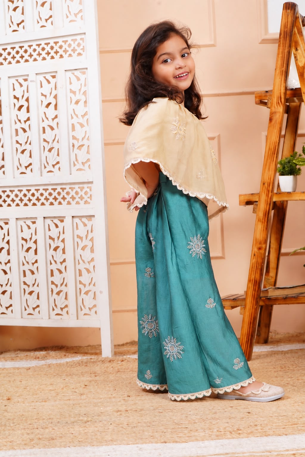 House Of Gota Girls Cream & Teal Embroidered Co-Ord Set