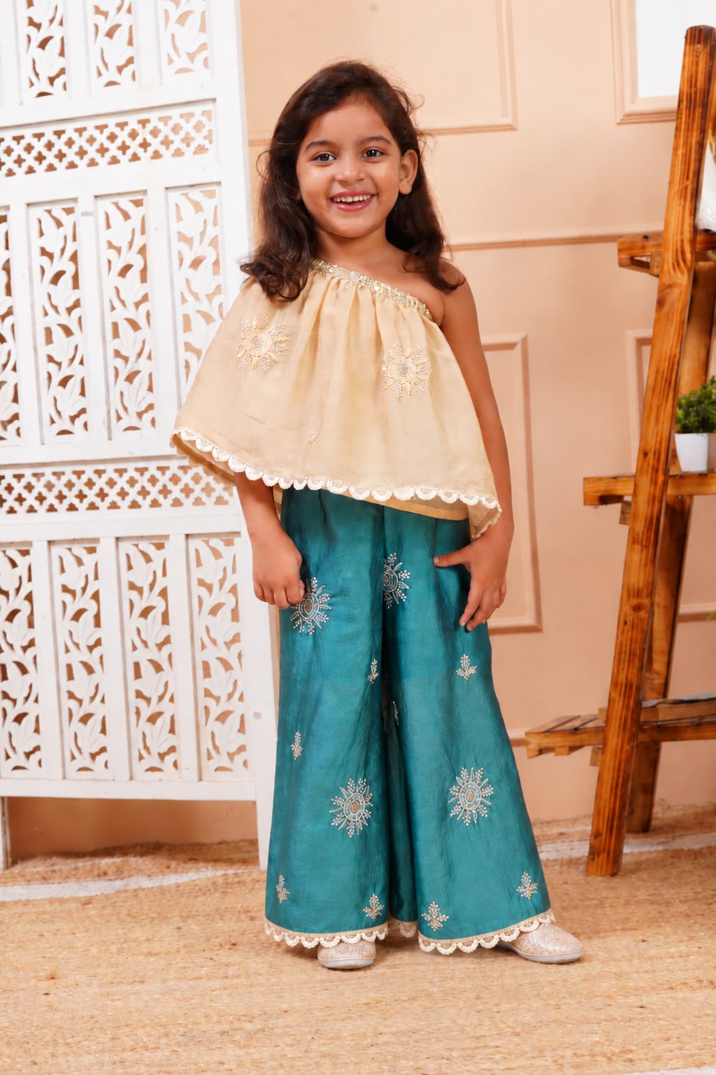 House Of Gota Girls Cream & Teal Embroidered Co-Ord Set