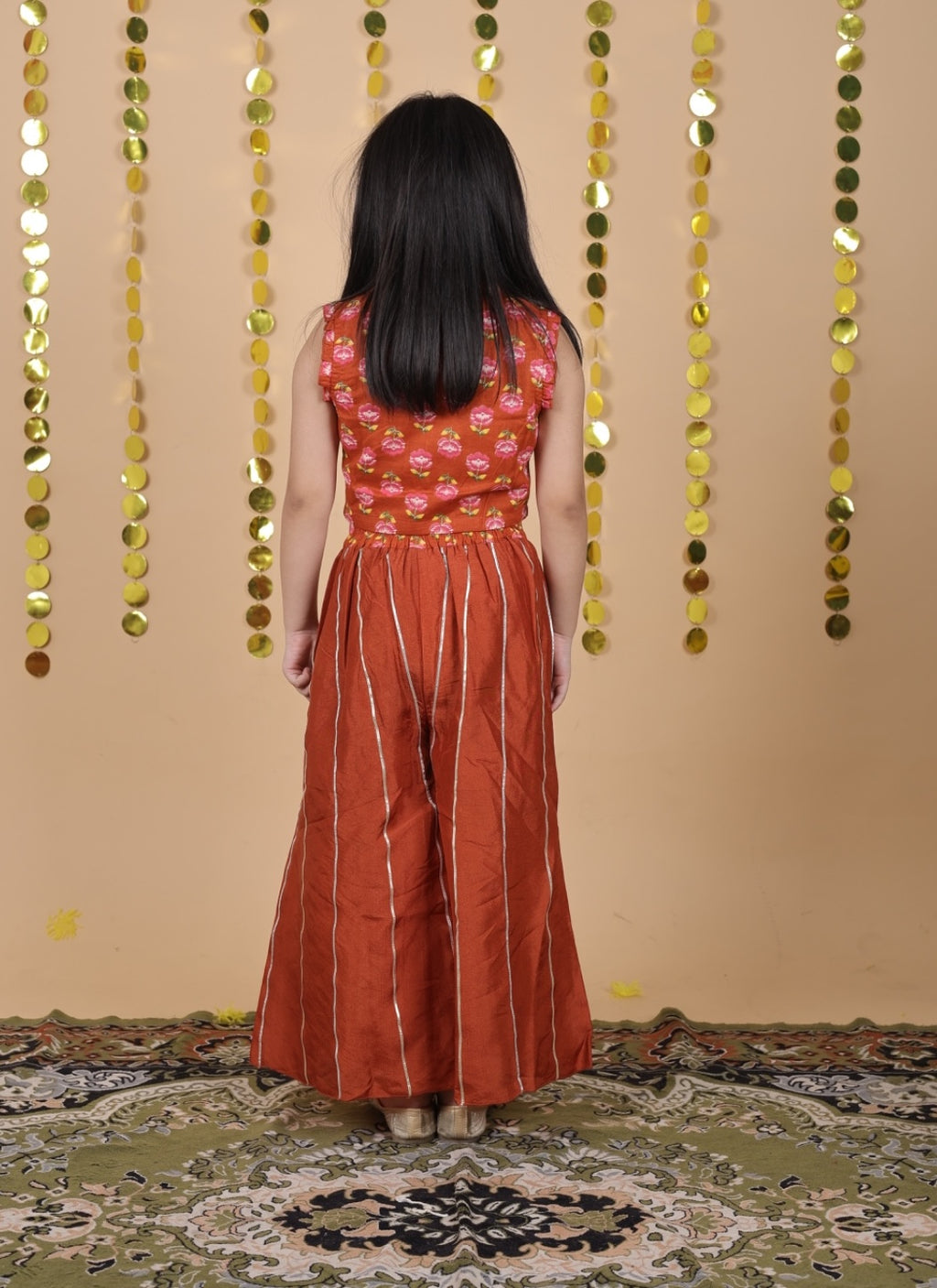 House Of Gota Girls Floral Printed Sleeveless Top with Solid Rust Palazzo Co-ord Set
