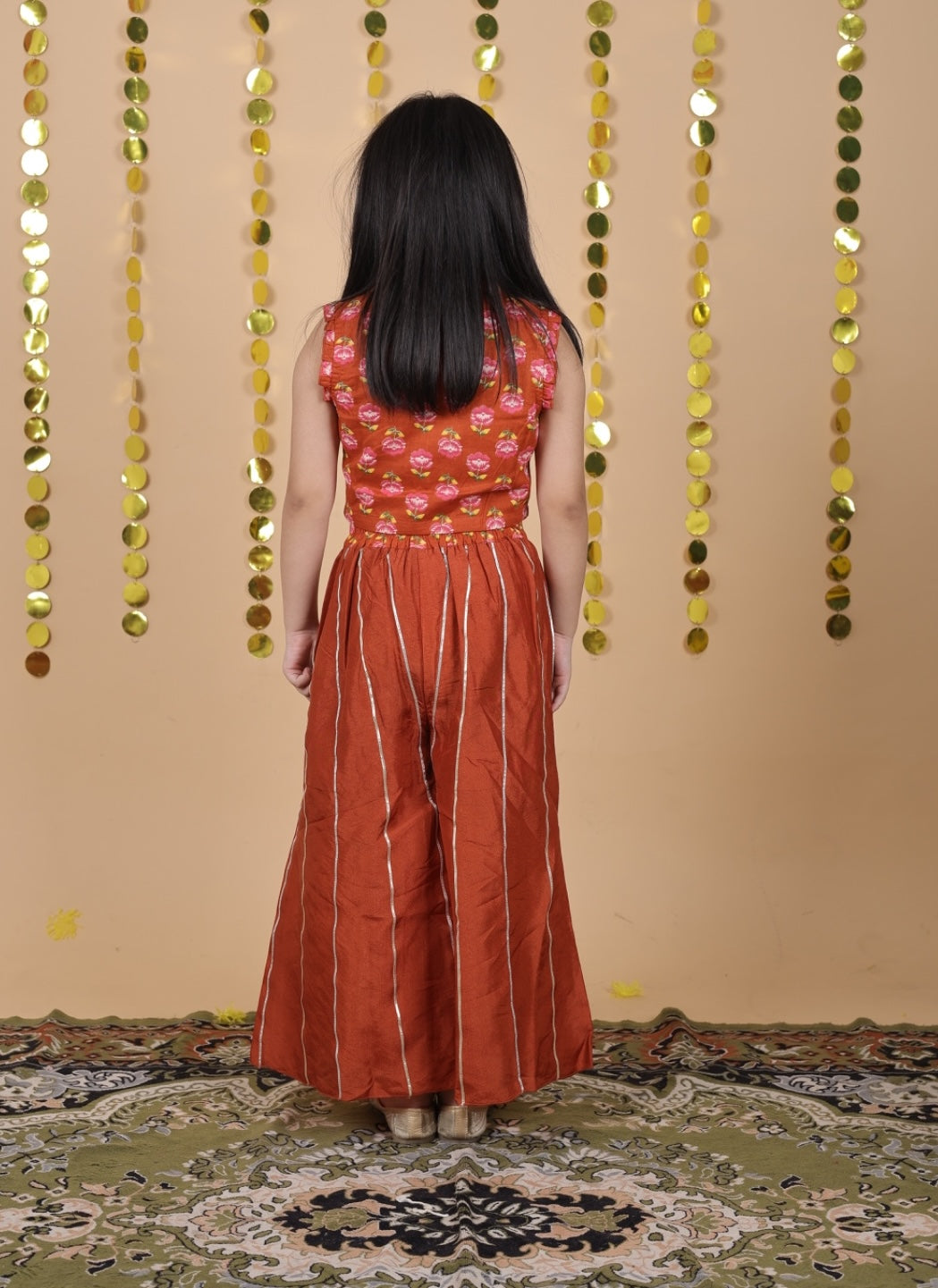 House Of Gota Girls Floral Printed Sleeveless Top with Solid Rust Palazzo Co-ord Set